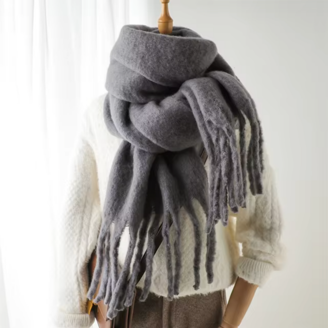 Cold weather women's scarf, warm & cozy pashmina style with decorative fringes.