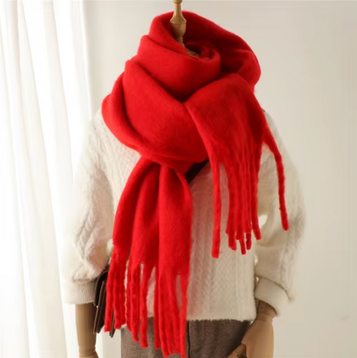 Women's warm winter scarf, a stylish fashion accessory with cozy wrap & fringes.