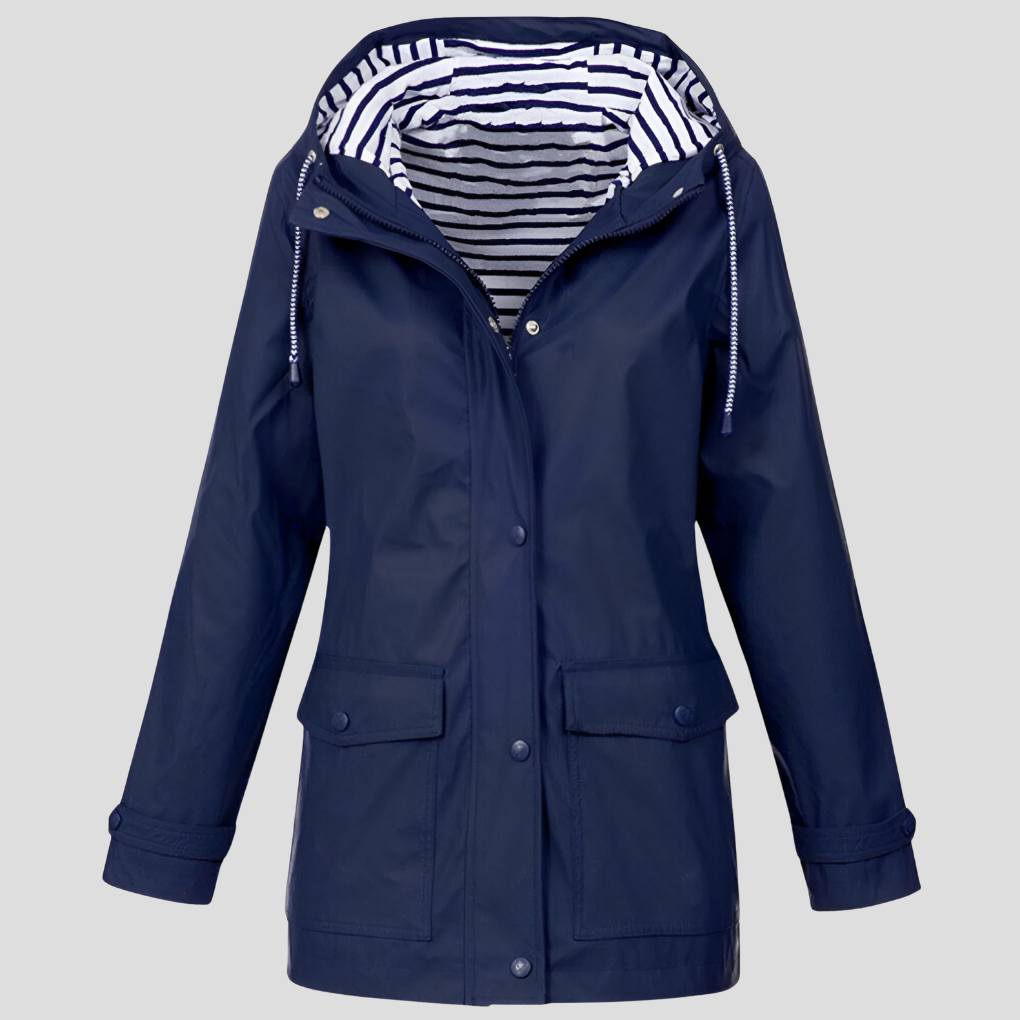 Stylish women's hooded water-resistant jacket, comfortable outerwear for travel and outdoor use.