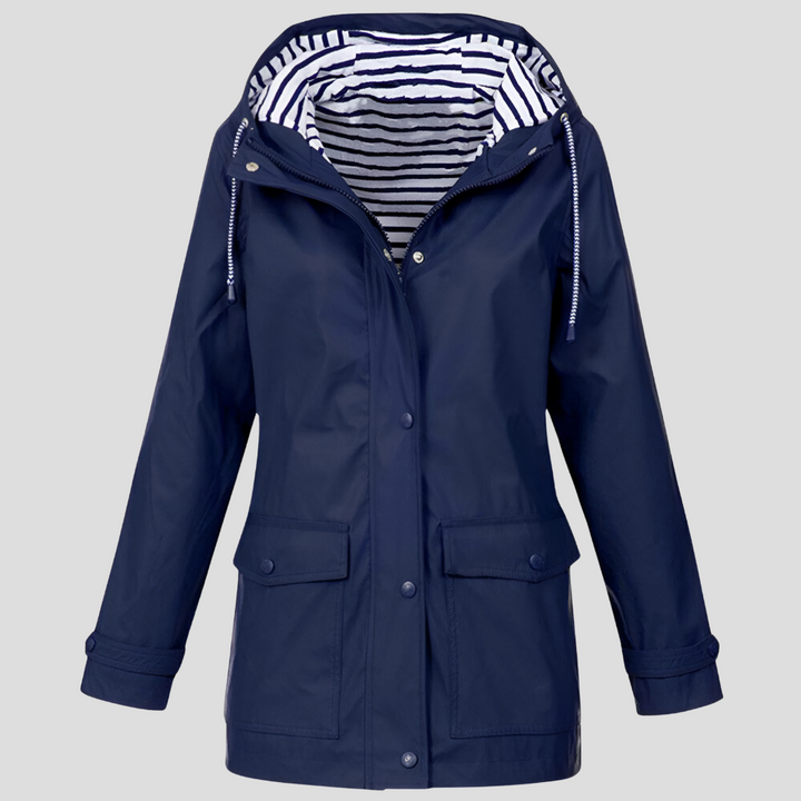 Stylish women's hooded water-resistant jacket, comfortable outerwear for travel and outdoor use.