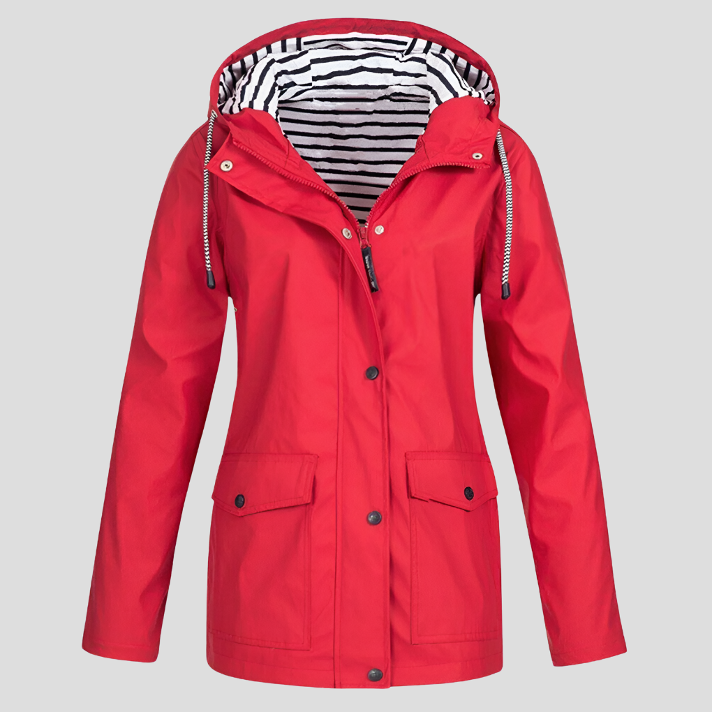 New women's water-resistant hooded outdoor jacket. Lightweight spring outerwear for outdoor trips.