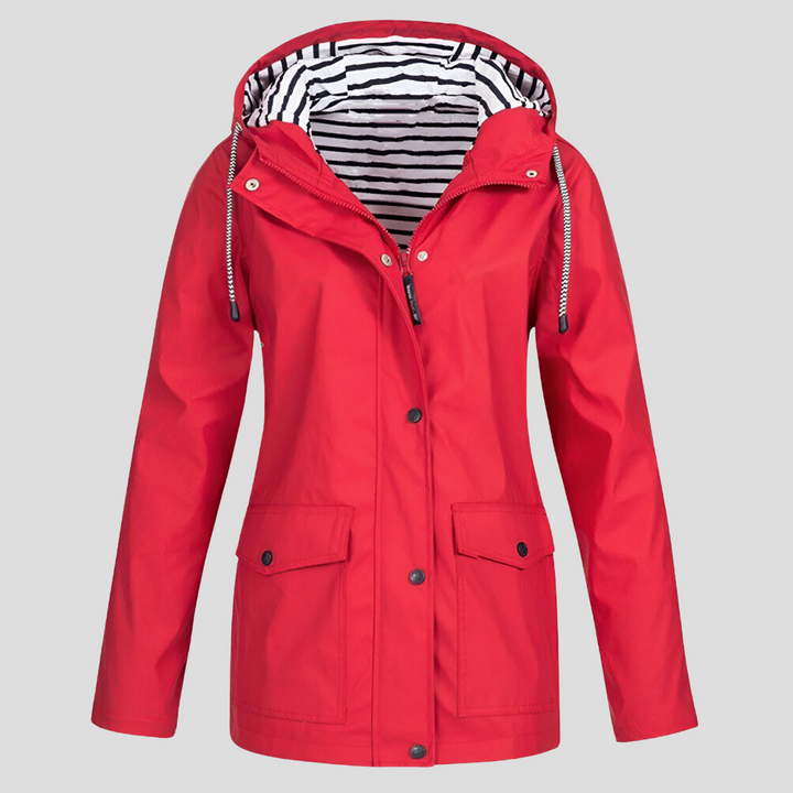 New women's water-resistant hooded outdoor jacket. Lightweight spring outerwear for outdoor trips.