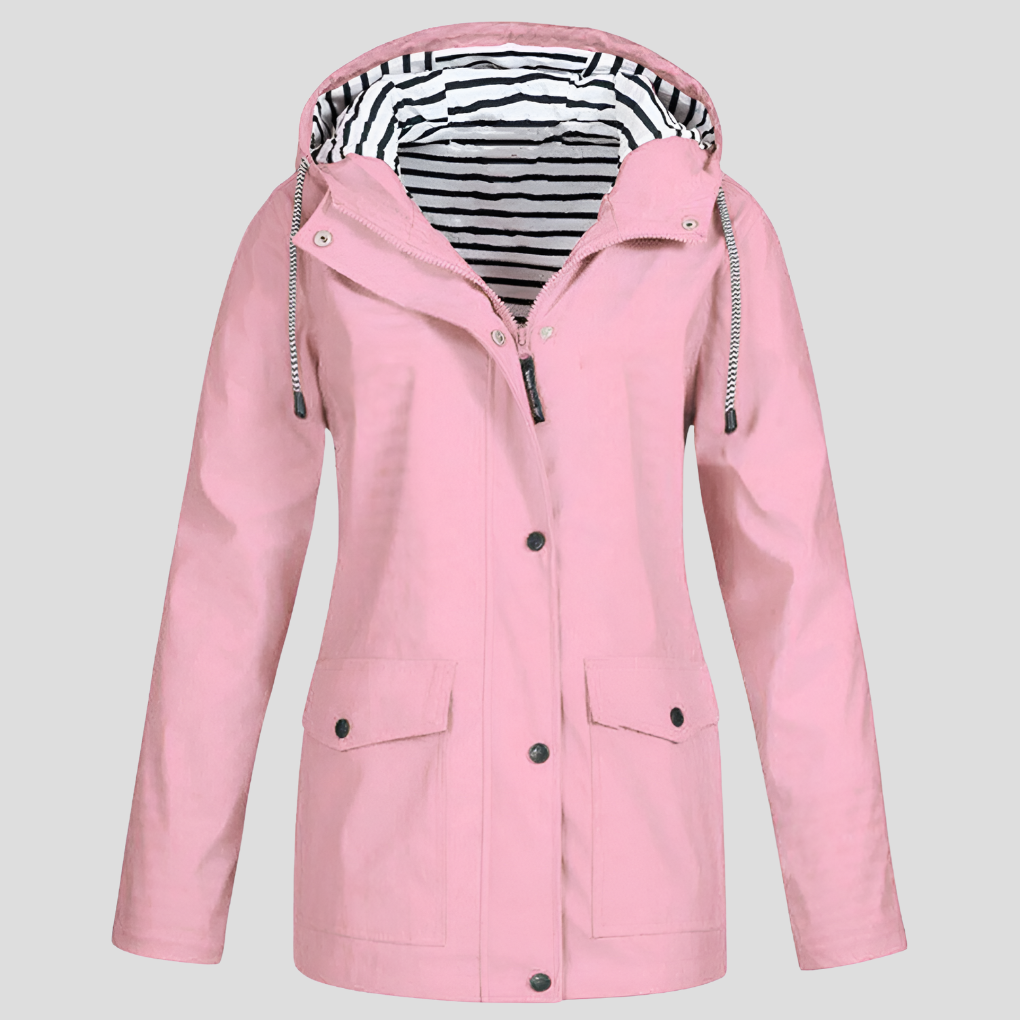 Comfortable women's water-resistant windbreaker jacket with a hood, essential for outdoor travel.