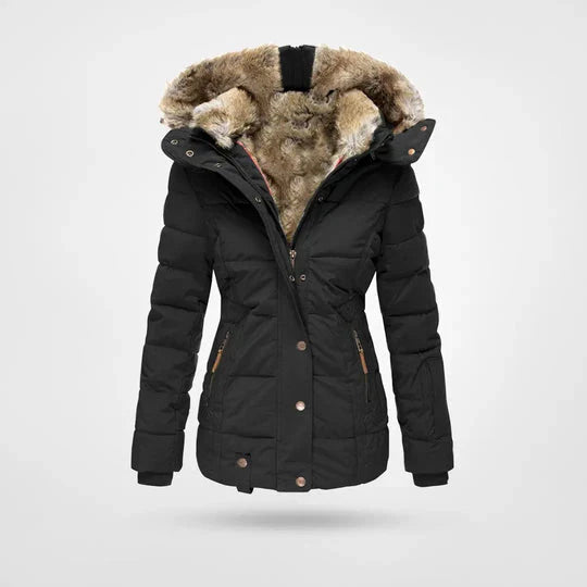 Women's water-resistant winter jacket with a detachable hood, perfect for warmth in cold, wet weather.