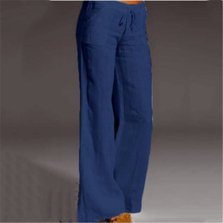 Comfortable women's linen blend trousers with elastic waist, loose fit, ideal for summer, travel, and casual occasions.