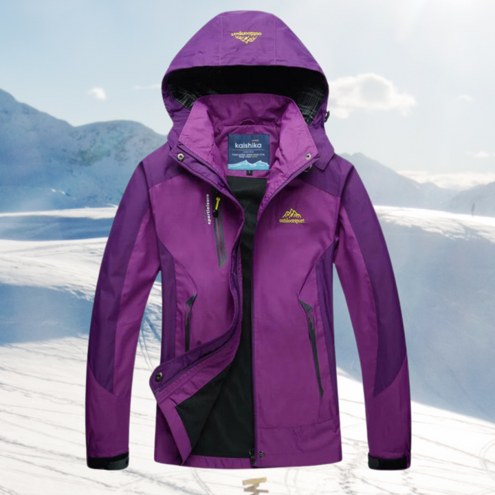 Women's wind & water-resistant outdoor jacket with hood, protective activewear for all-weather adventures.