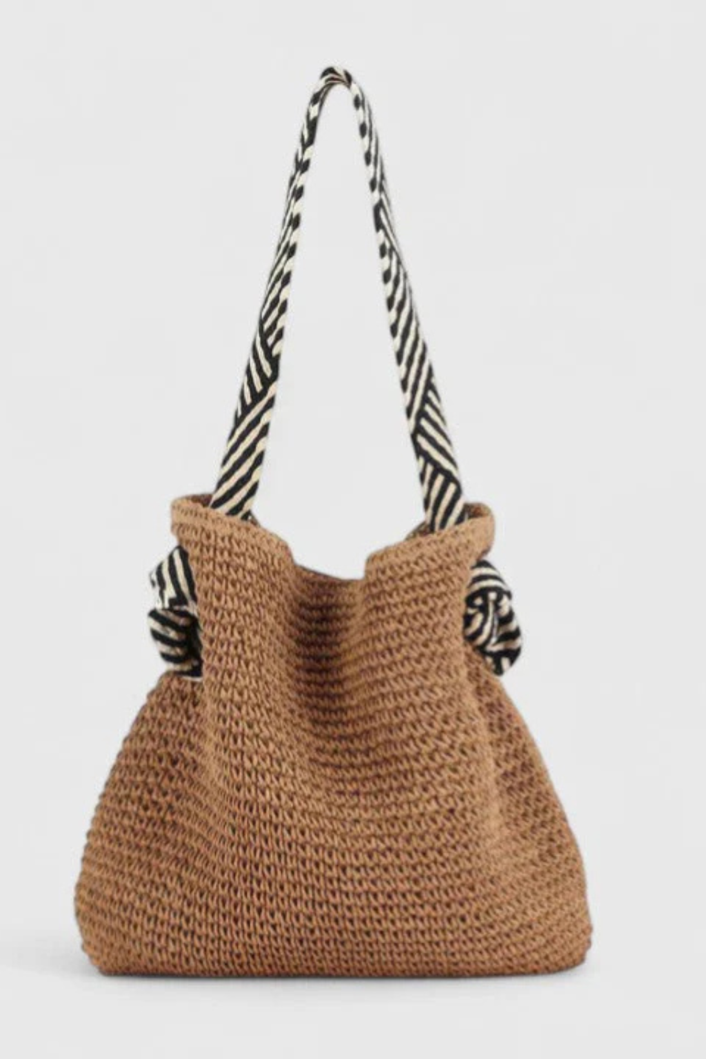 Chic straw woven shoulder tote bag for women, elegant contrast straps. Ideal summer beach bag.
