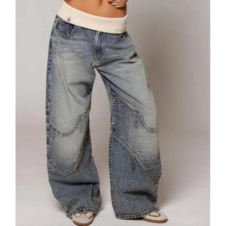 Women's Y2K baggy wide leg jeans with a ribbed waist, light blue wash for a retro streetwear look.