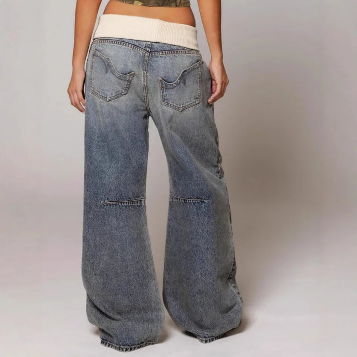 Retro Y2K women's baggy wide leg jeans with a comfortable ribbed waist, perfect for casual streetwear.