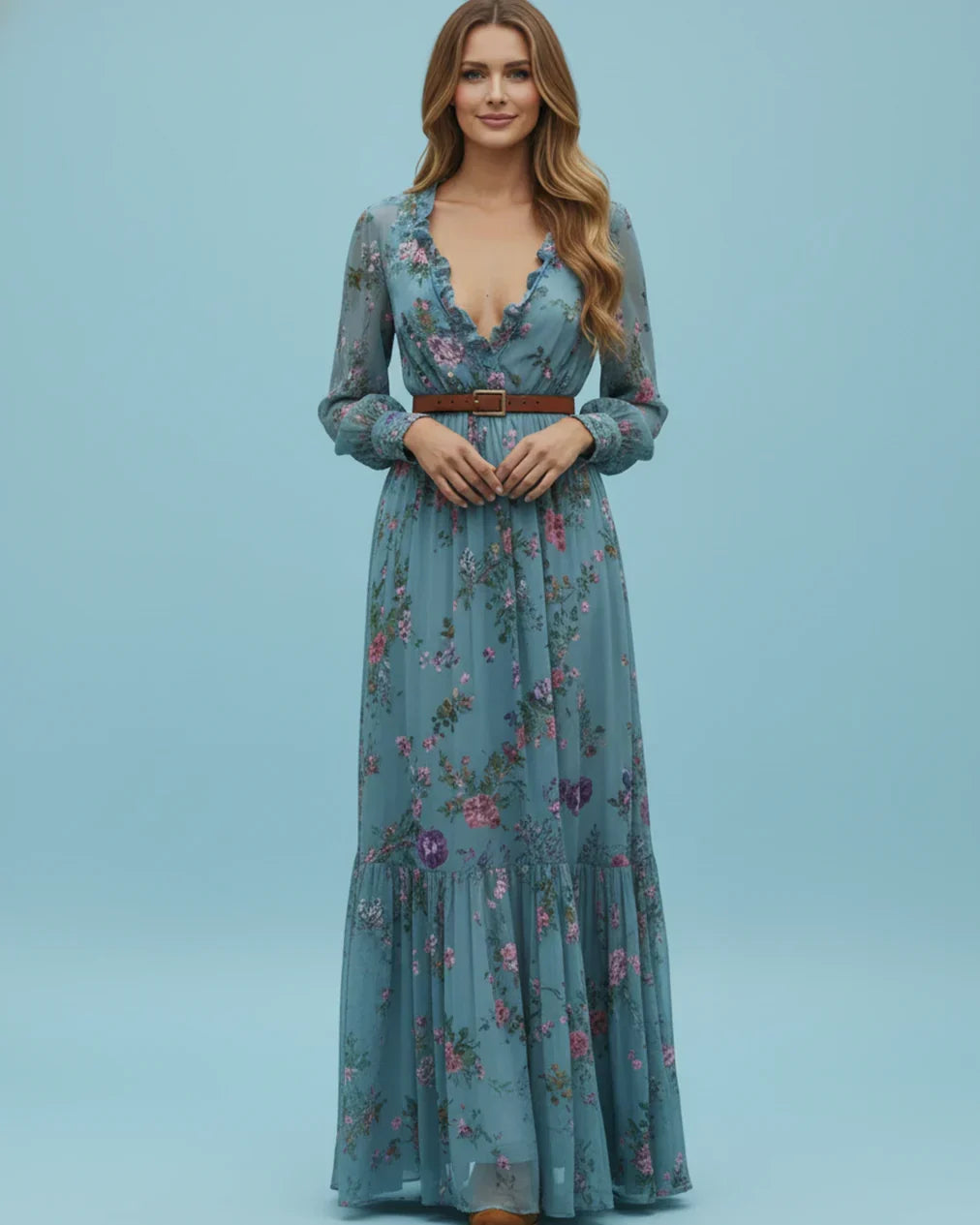 Back view of a women's bohemian maxi dress, featuring elegant long sleeves & flowy fabric, perfect for casual wear.