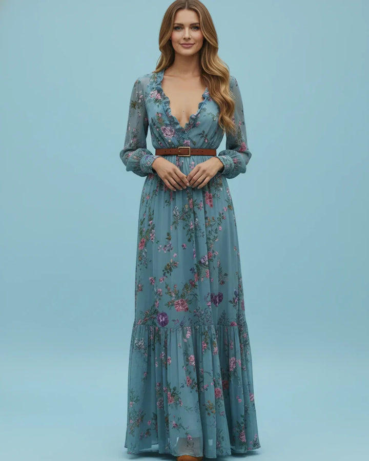 Back view of a women's bohemian maxi dress, featuring elegant long sleeves & flowy fabric, perfect for casual wear.