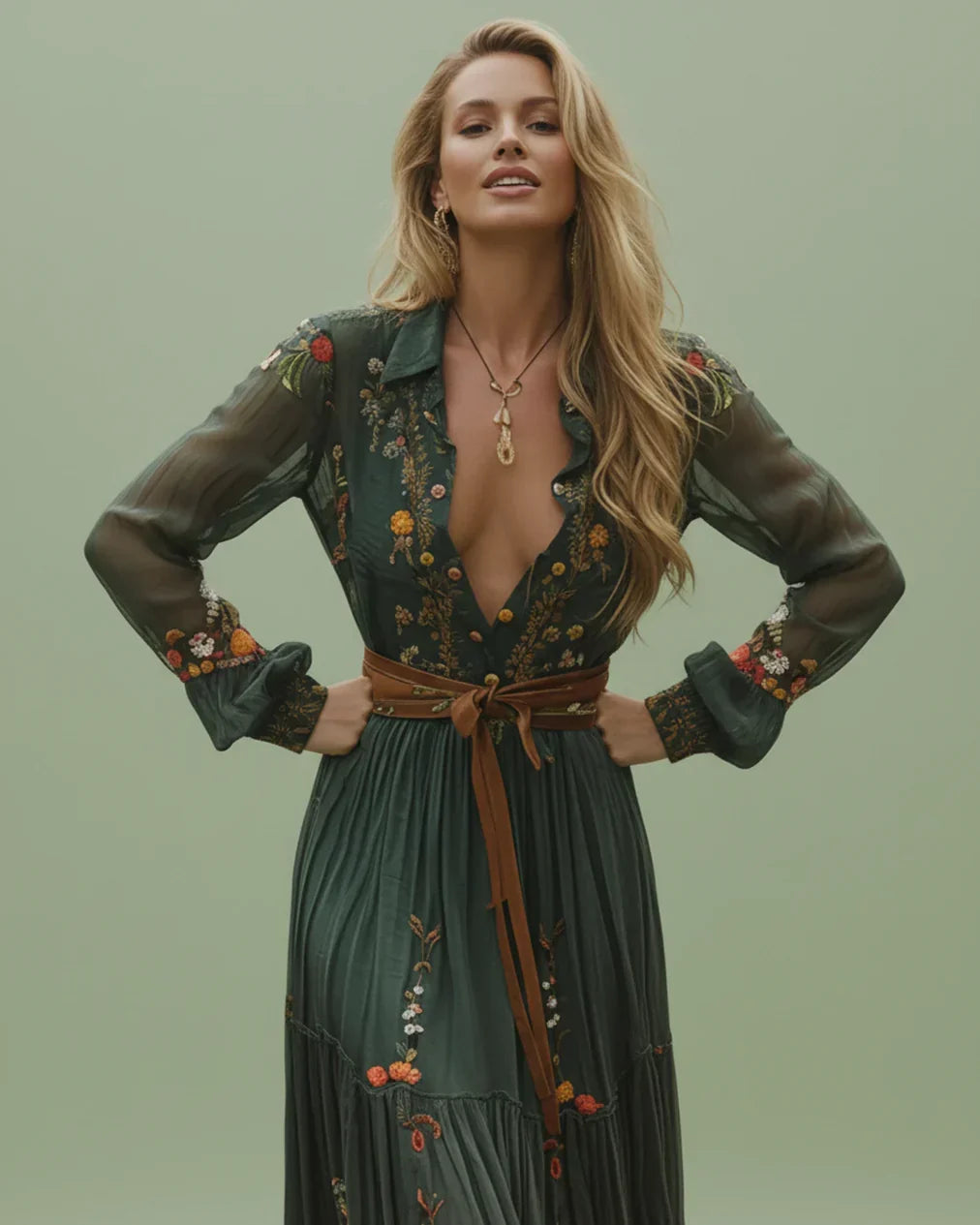Full-length front view of a women's boho maxi dress with elegant V-neck and long sleeves, showcasing its flowy design.