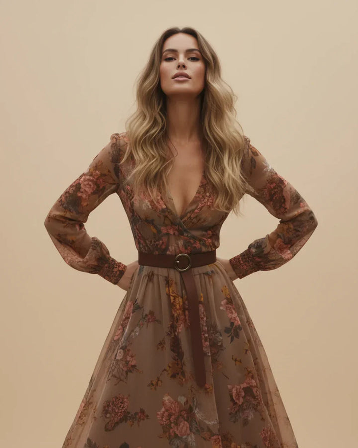 Woman in an elegant V-neck boho maxi dress with long sleeves, styled for occasion wear, exuding refined bohemian charm.