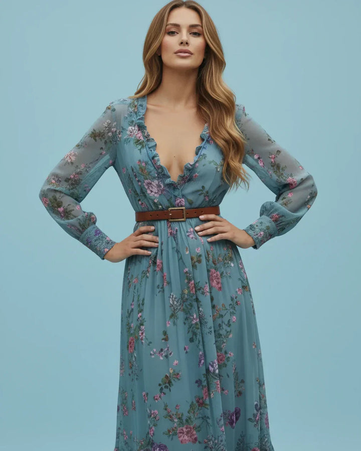 Detail of the comfortable long sleeves on a women's flowy boho maxi dress, emphasizing its bohemian and elegant design.