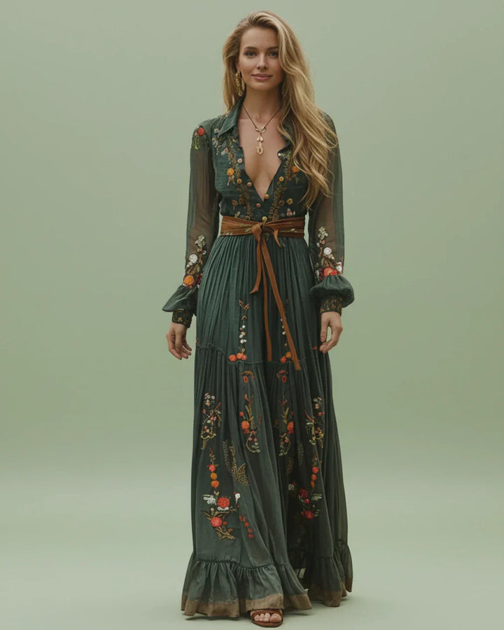 Women's elegant boho maxi dress, V-neck, long sleeves. Flowy bohemian style, versatile for casual or occasion wear.