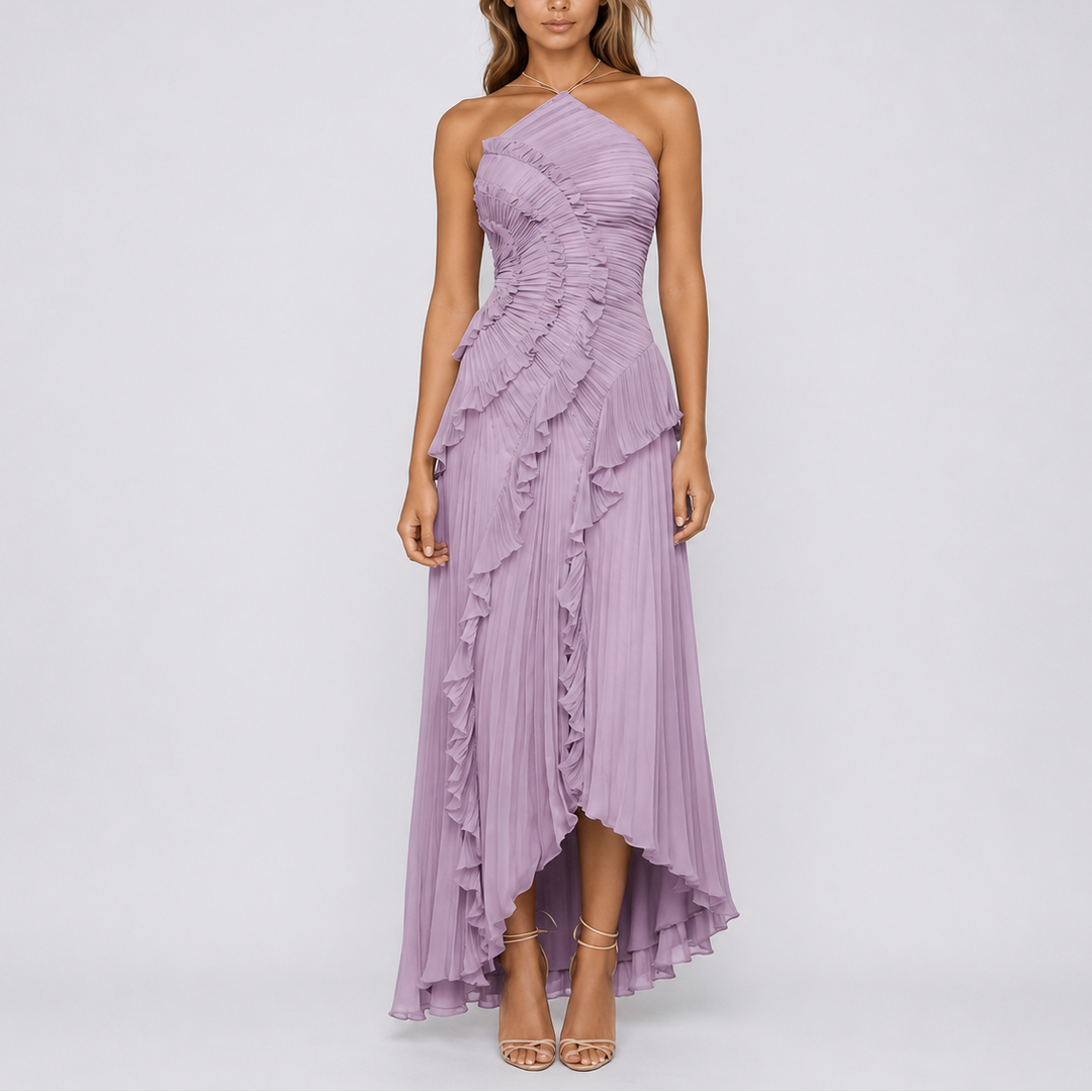Elegant women's pleated ruffle halter maxi dress, perfect for weddings & formal events. Available in purple & pink.