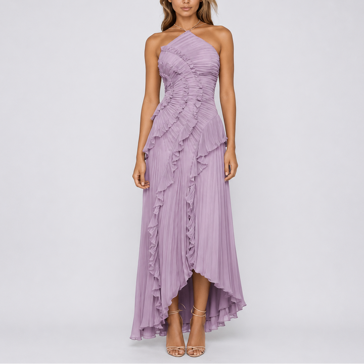 Elegant women's pleated ruffle halter maxi dress, perfect for weddings & formal events. Available in purple & pink.