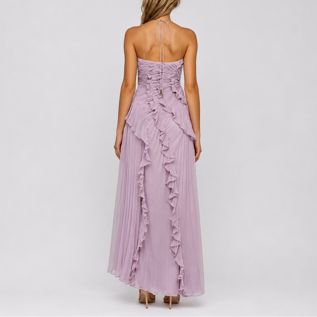 Women's formal pink pleated maxi dress with delicate ruffles & a stylish halter neckline, ideal for wedding guests.