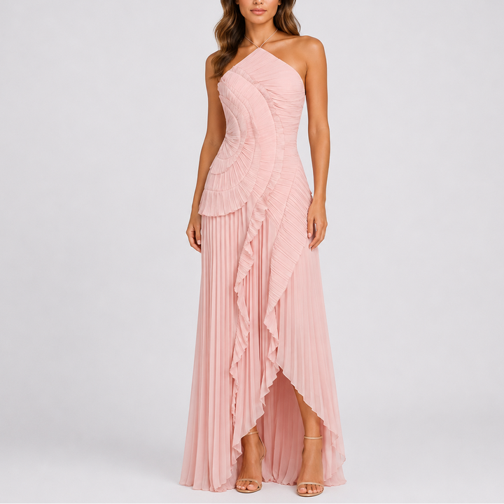 Chic women's purple halter maxi dress, featuring elegant pleats & ruffles. Perfect party wear or special occasion gown.