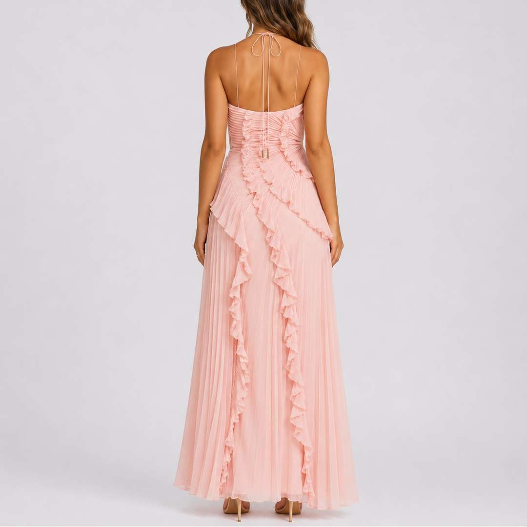 Flowy women's pleated halter evening dress with ruffle details, a graceful choice for wedding parties & events.