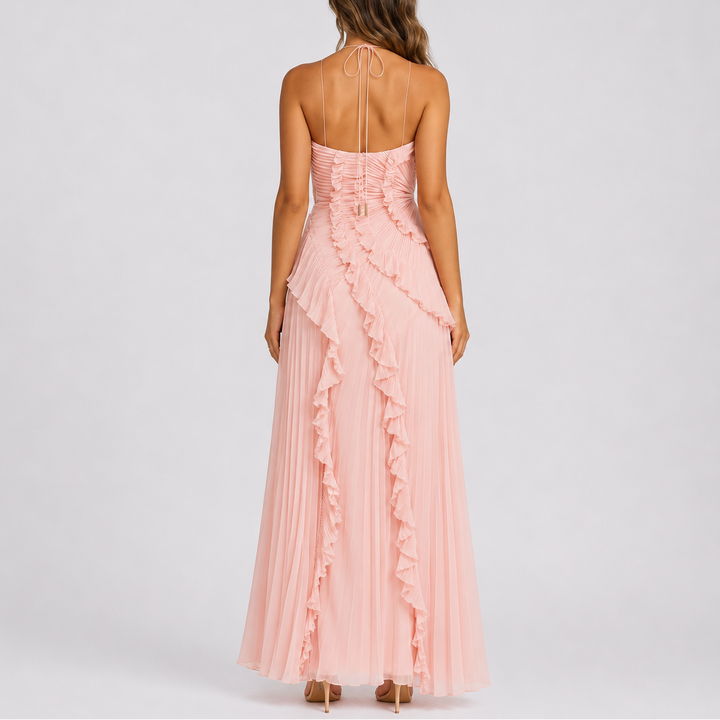 Flowy women's pleated halter evening dress with ruffle details, a graceful choice for wedding parties & events.