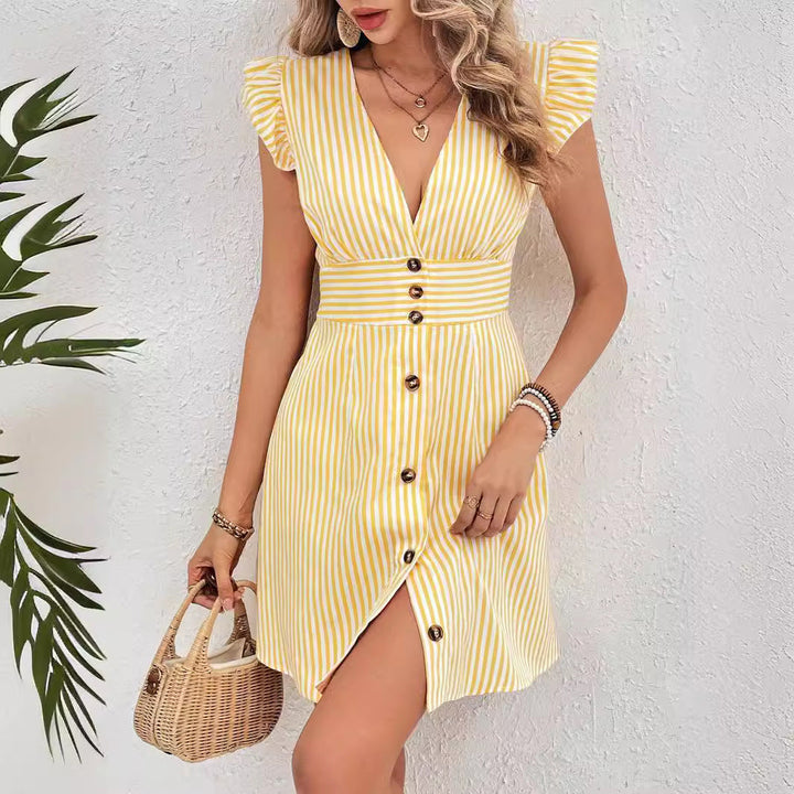 "Women's A-Line Dress with ruffle sleeves and a button front, side view, striped cotton blend for casual elegance."