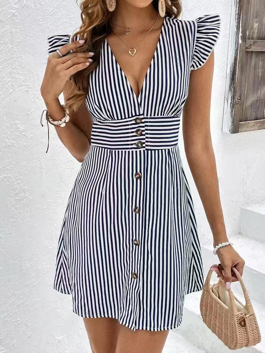 "Women's A-Line Dress with ruffle sleeves and a button front, side view, striped cotton blend for casual elegance."