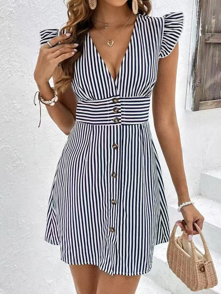 "Women's A-Line Dress with ruffle sleeves and a button front, side view, striped cotton blend for casual elegance."