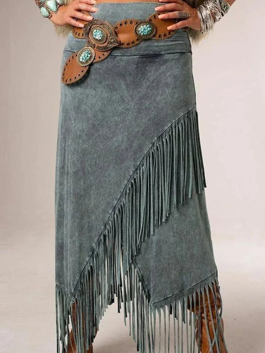 Stylish A-Line Washed Maxi Skirt for women. Grey long skirt with unique diagonal fringe hem, perfect for casual boho style.