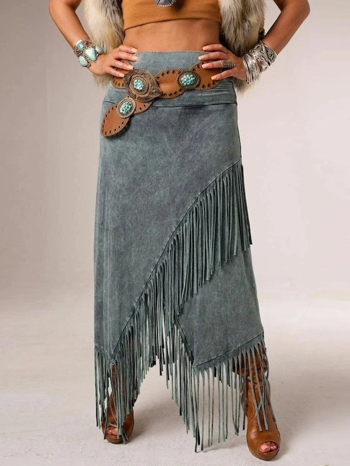 Women's A-Line Washed Grey Maxi Skirt with diagonal fringe hem. Bohemian high-waist long skirt, elegant summer fashion.