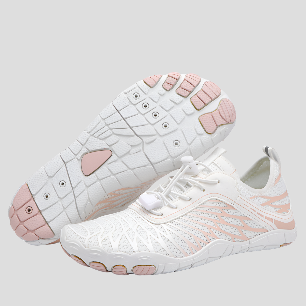 "Women's aqua shoes with breathable fabric, slip-on elastic collar, and grip sole for water sports and beach walks."