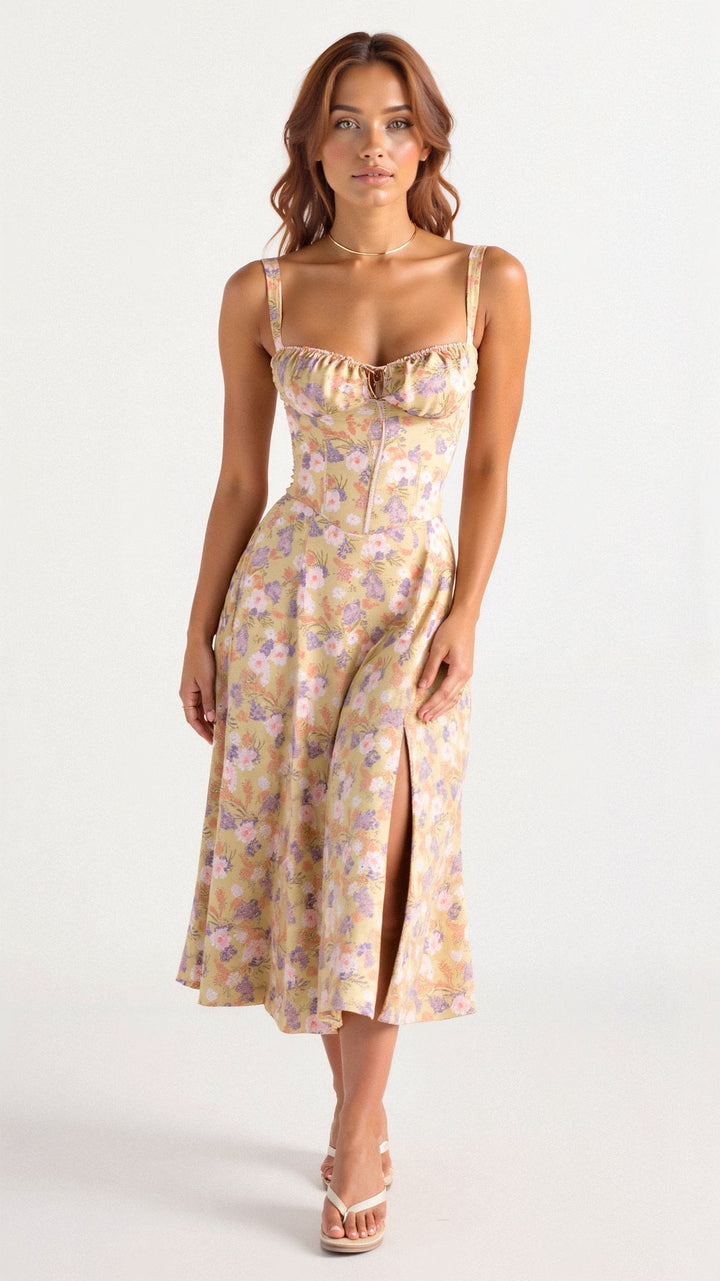 Women's Arabella waist dress with sweetheart neckline, light summer fabric, adjustable fit for elegant silhouette styling.