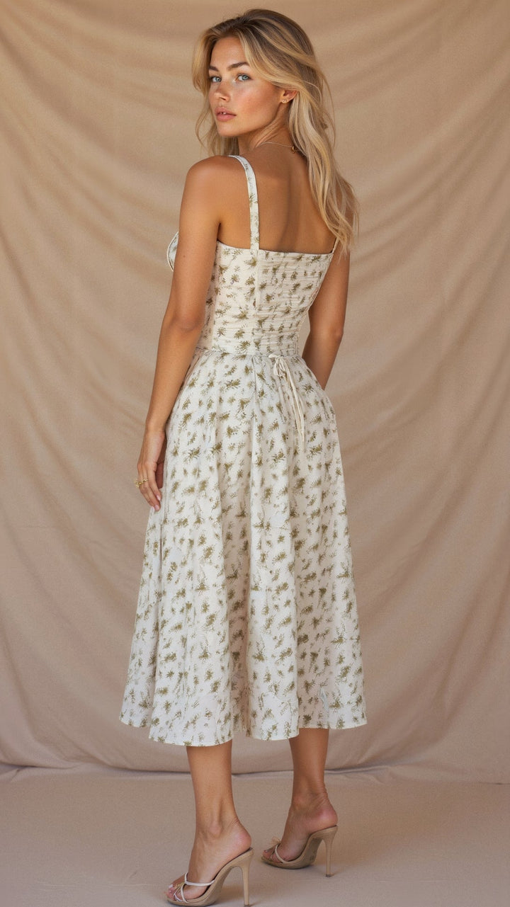 Women's Arabella waist dress with sweetheart neckline, light summer fabric, adjustable fit for elegant silhouette styling.