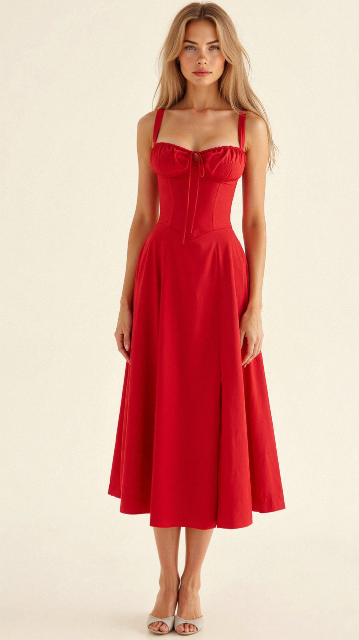 Women's Arabella waist dress with sweetheart neckline, light summer fabric, adjustable fit for elegant silhouette styling.