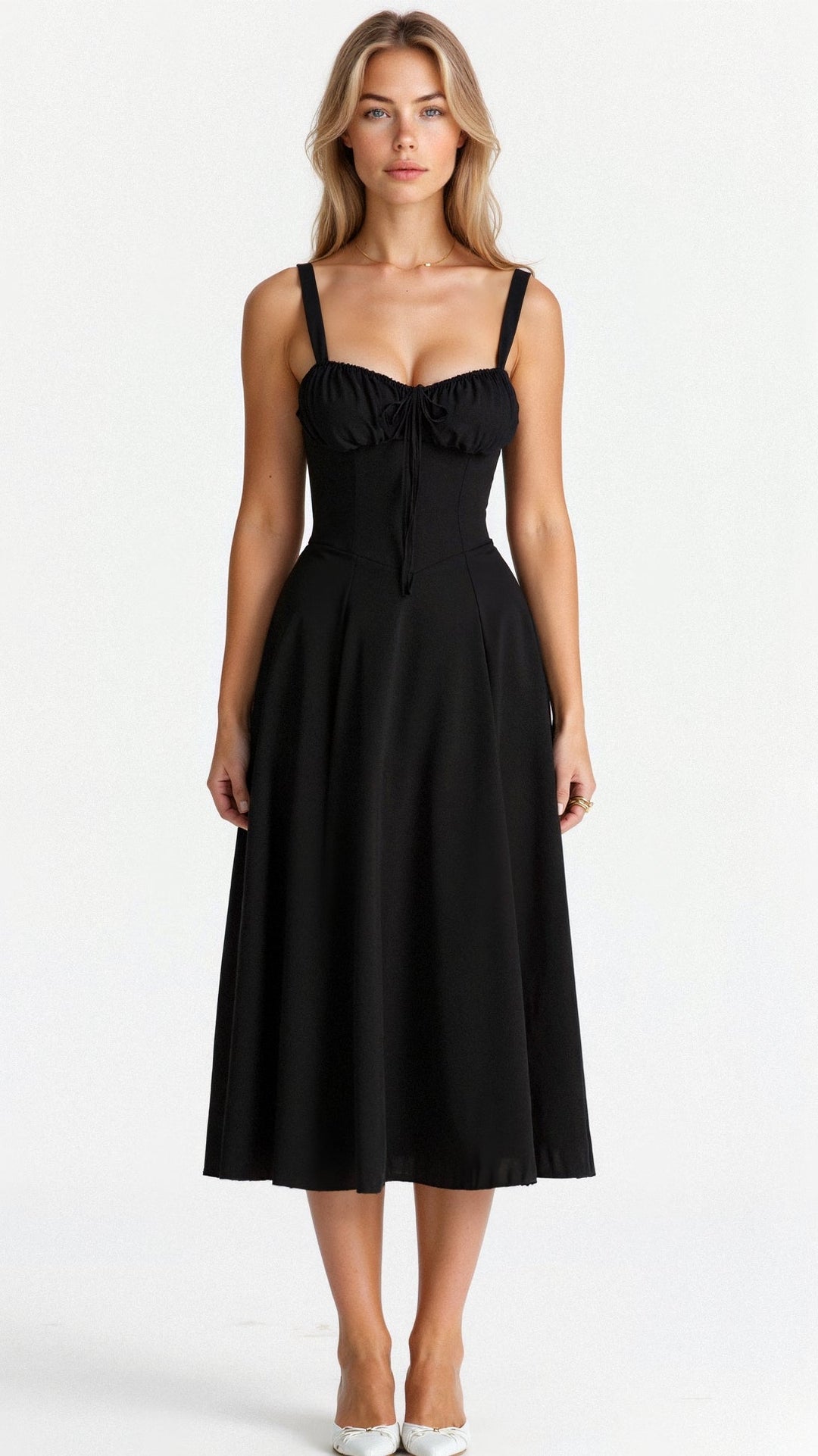 Women's Arabella waist dress with sweetheart neckline, light summer fabric, adjustable fit for elegant silhouette styling.