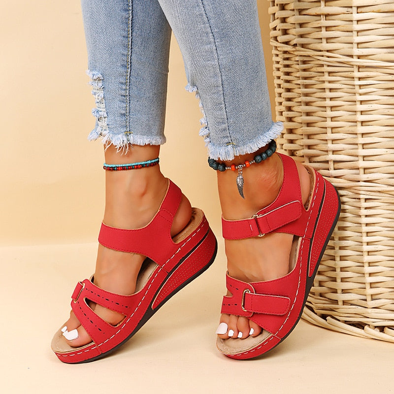 "Women's arch support sandals with adjustable straps, in beige, black, brown, and red for comfort and style."