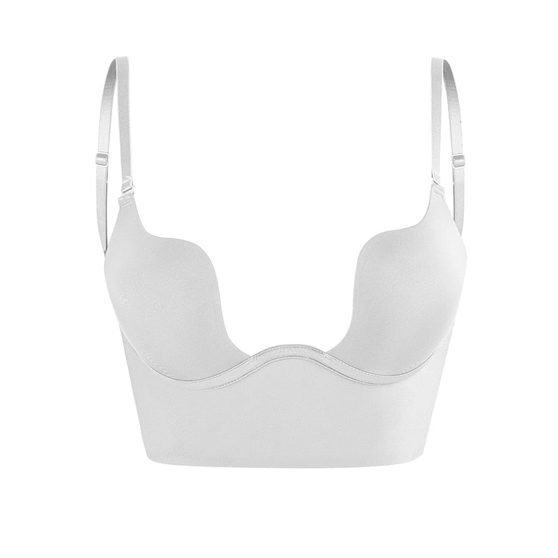 "Women's backless bra with adjustable straps, seamless design, breathable fabric; ideal for low-back outfits, comfortable fit
