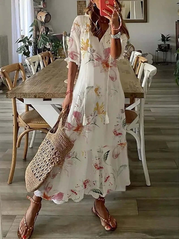 "Women's Beige Bohemian Summer Dress: Tayla, Loose Fit, Breezy, Perfect for Sun-Kissed Occasions, Multiple Colors"