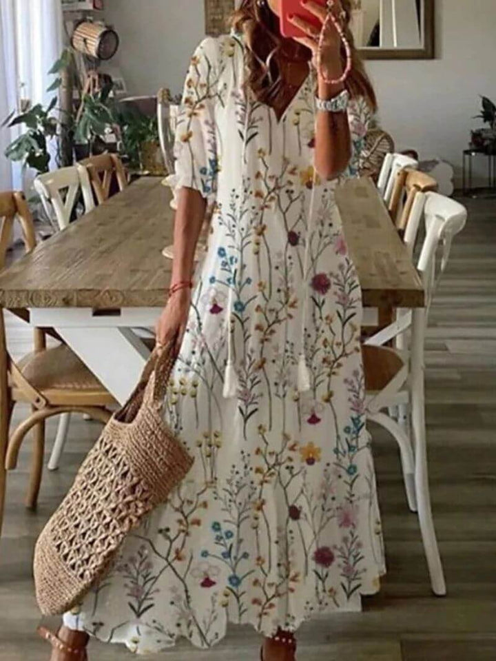 "Women's Beige Bohemian Summer Dress: Tayla, Loose Fit, Breezy, Perfect for Sun-Kissed Occasions, Multiple Colors"
