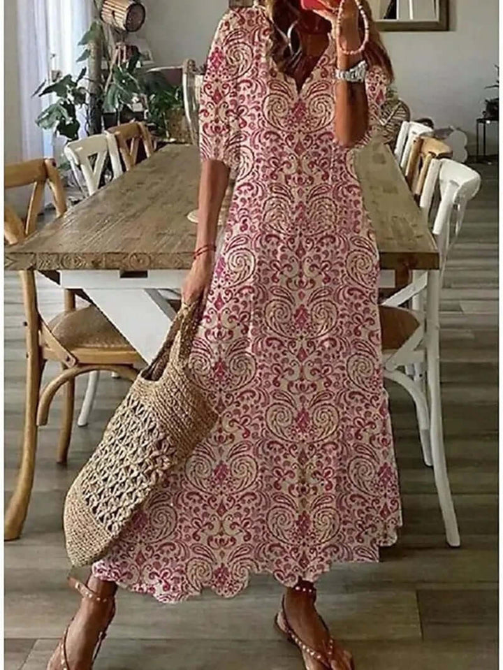"Women's Beige Bohemian Summer Dress: Tayla, Loose Fit, Breezy, Perfect for Sun-Kissed Occasions, Multiple Colors"