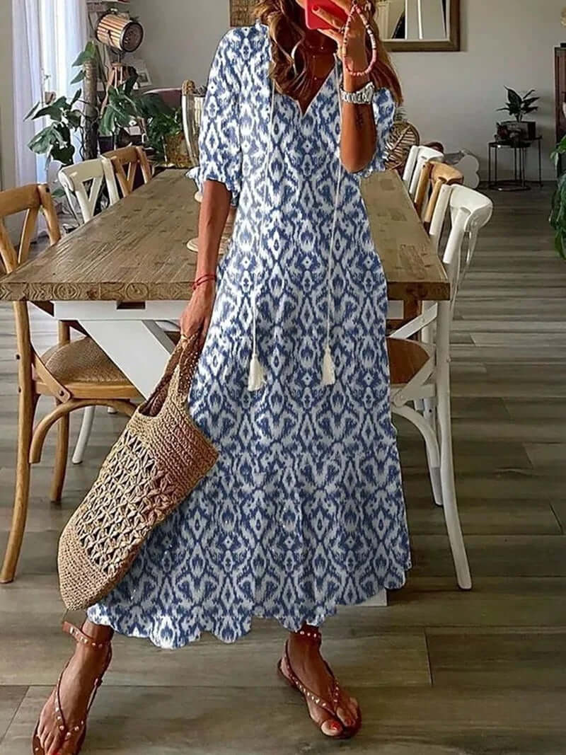 "Women's Beige Bohemian Summer Dress: Tayla, Loose Fit, Breezy, Perfect for Sun-Kissed Occasions, Multiple Colors"