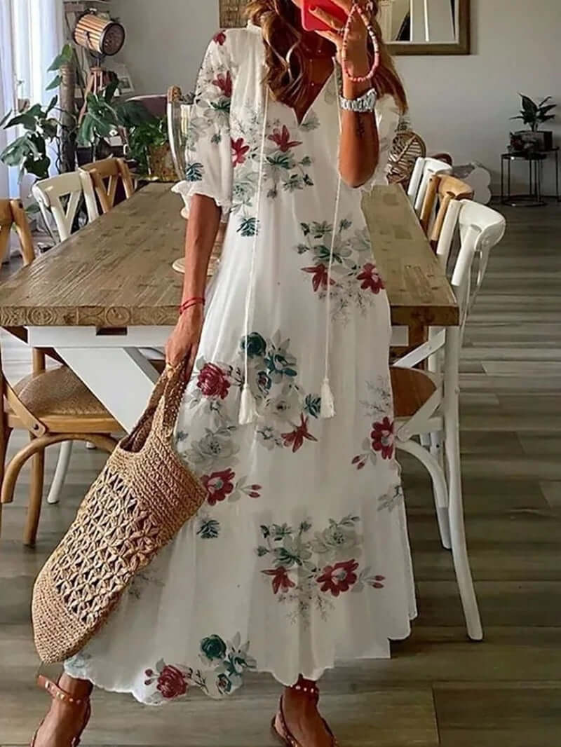 "Women's Beige Bohemian Summer Dress: Tayla, Loose Fit, Breezy, Perfect for Sun-Kissed Occasions, Multiple Colors"