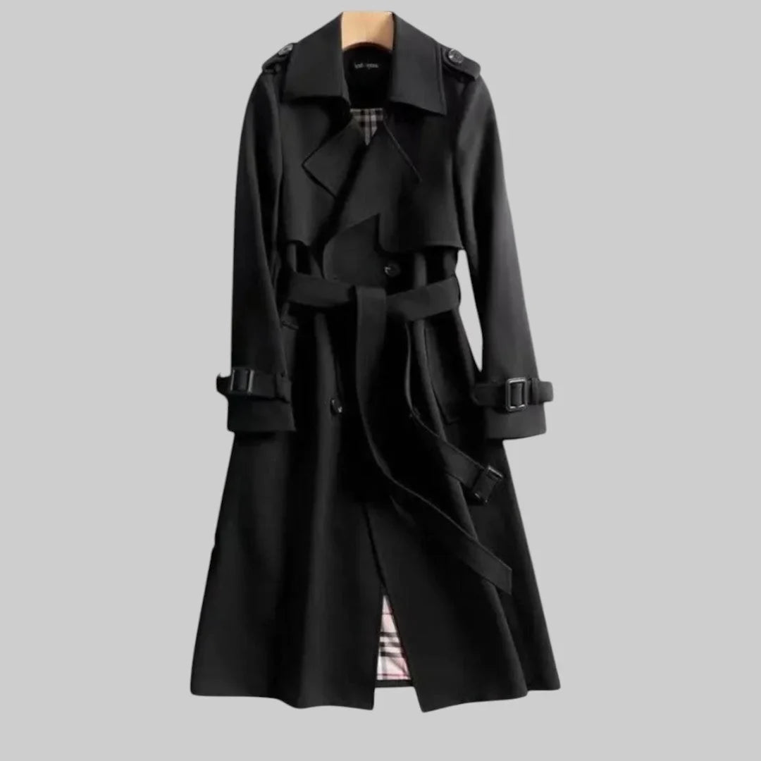 Versatile women's beige double-breasted trench coat, belted for a flattering fit, ideal fall & spring outerwear.