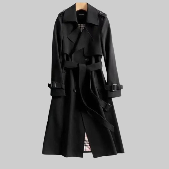 Versatile women's beige double-breasted trench coat, belted for a flattering fit, ideal fall & spring outerwear.