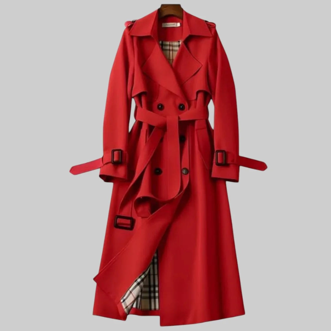 Elegant women's beige trench coat, double-breasted with a sophisticated belted waist, perfect for fall or spring.