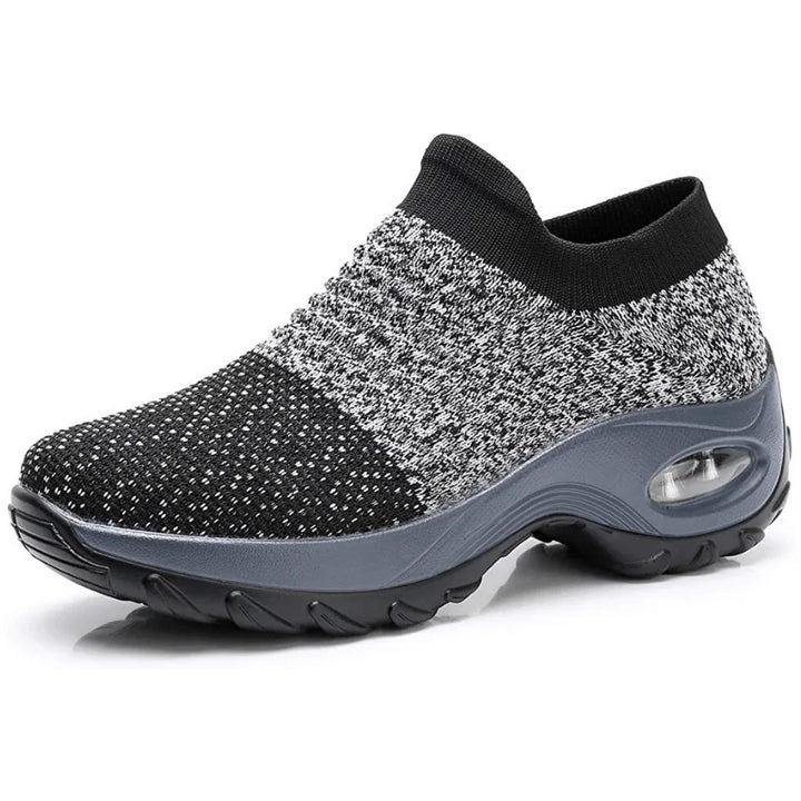 Comfortable women's slip-on walking shoes featuring air cushion sole and strong arch support.