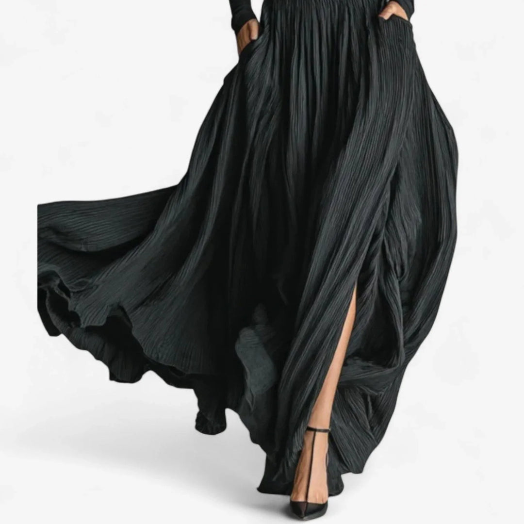 Sophisticated women's pleated turtleneck long sleeve maxi dress with a stunning high slit, ideal for evening wear.