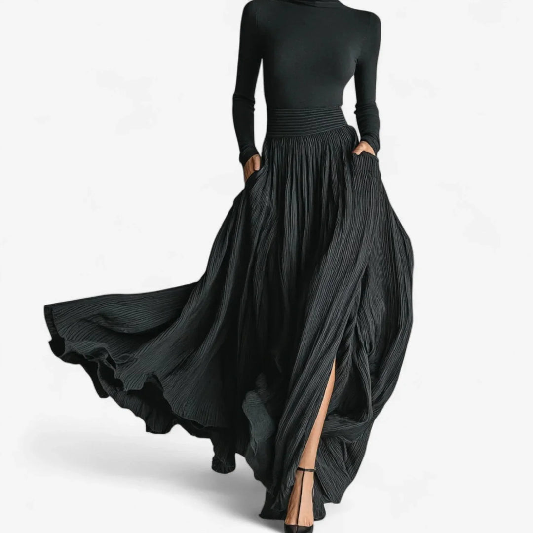 Elegant pleated turtleneck maxi dress for women with long sleeves & high slit, perfect for evening or versatile style.