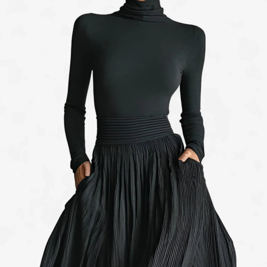 Chic women's pleated long sleeve maxi dress featuring a turtleneck and stylish high slit; an elegant fashion.