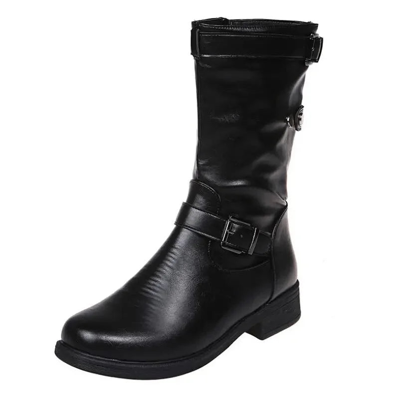 Black mid-calf women's biker boots, orthopedic and supportive, featuring a practical zipper closure.